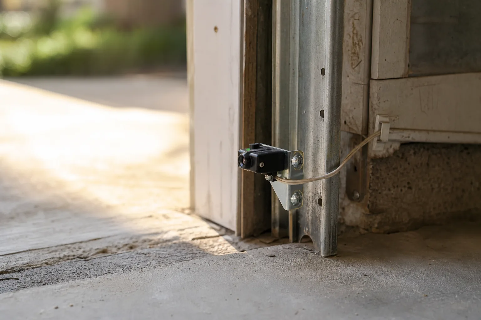 Close-up of a floor-level photo-eye safety sensor mounted on the garage door track bracket