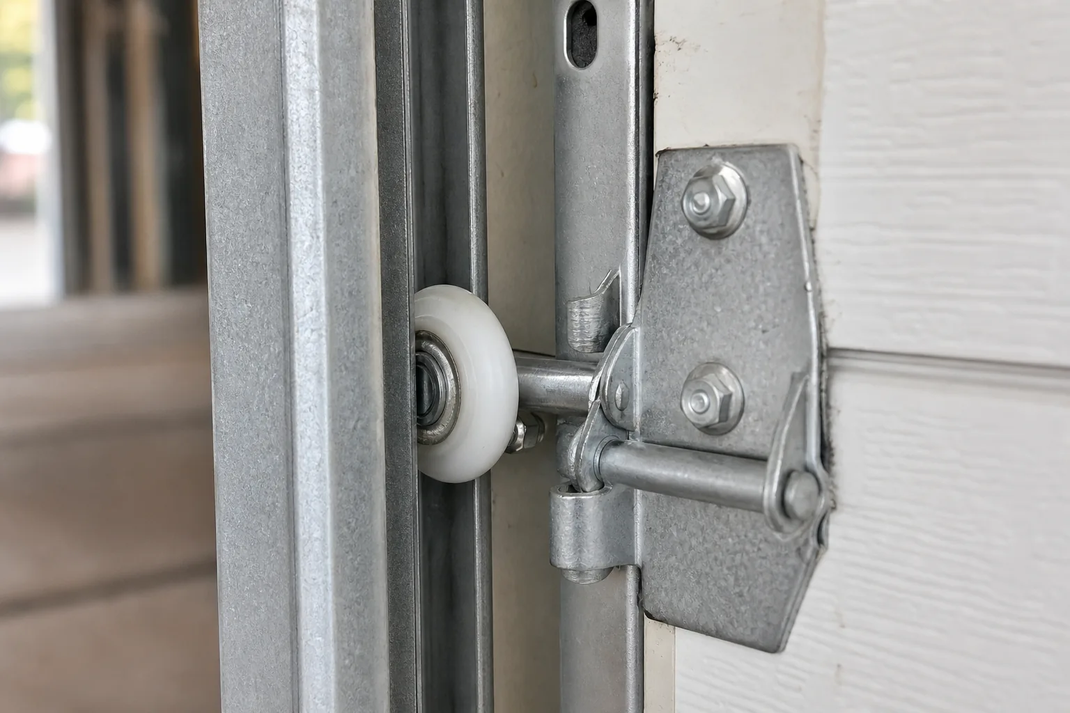 Close-up of a garage door roller seated in a steel track beside a panel hinge