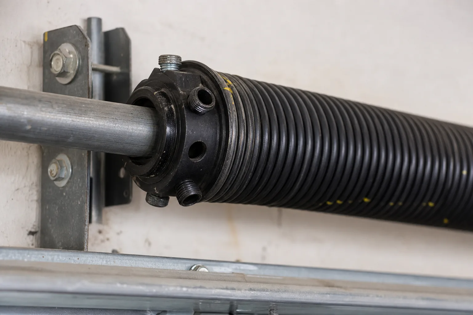 Close-up of a torsion spring on a steel shaft with its winding cone and set screws