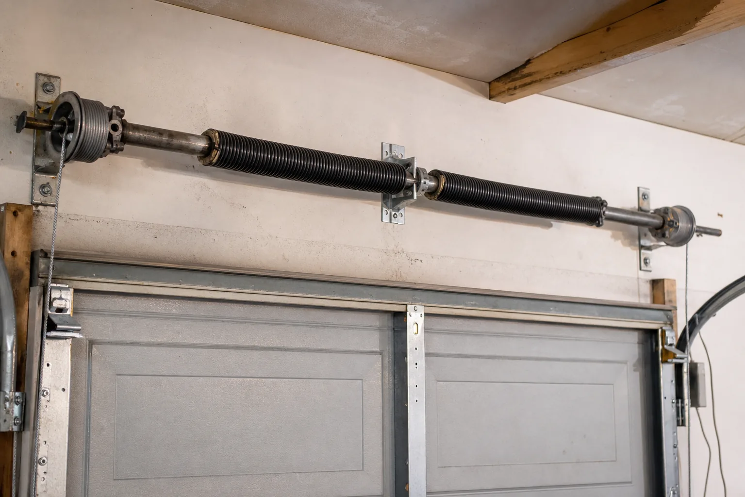 The header above a garage door showing a torsion spring mounted on a steel shaft with cable drums at each end