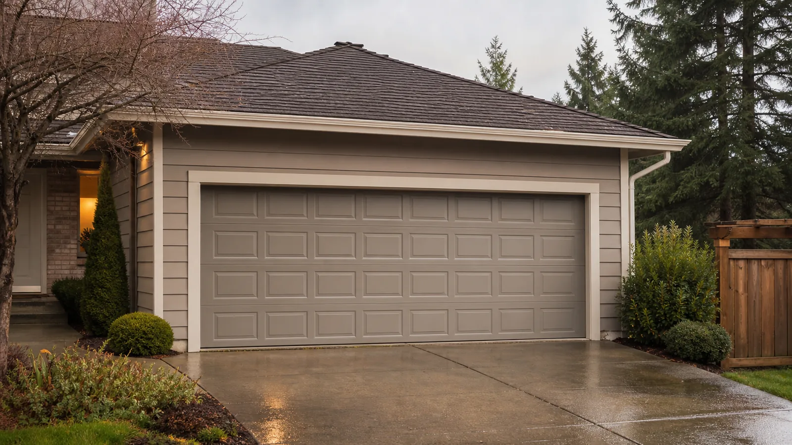 A clean sectional garage door on a suburban Pacific Northwest home in soft natural daylight
